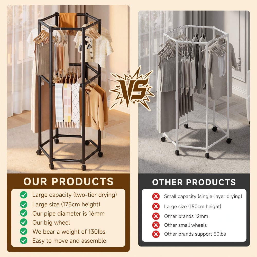 Rolling Hexagon Clothes Drying Rack 1 or 2 Layer ¨C Sturdy Metal Floor Stand with Wheels, Multi-Bar & 10 Clips, Portable Laundry Rack for Bedroom, Balcony & Dorm