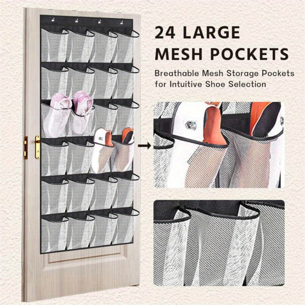Over Door Shoe Organizer 24 Large Mesh Pockets ¨C Foldable Breathable Hanging Storage Rack, Durable Fabric Closet Hanger for Shoes & Accessories, Space-Saving Door Organization