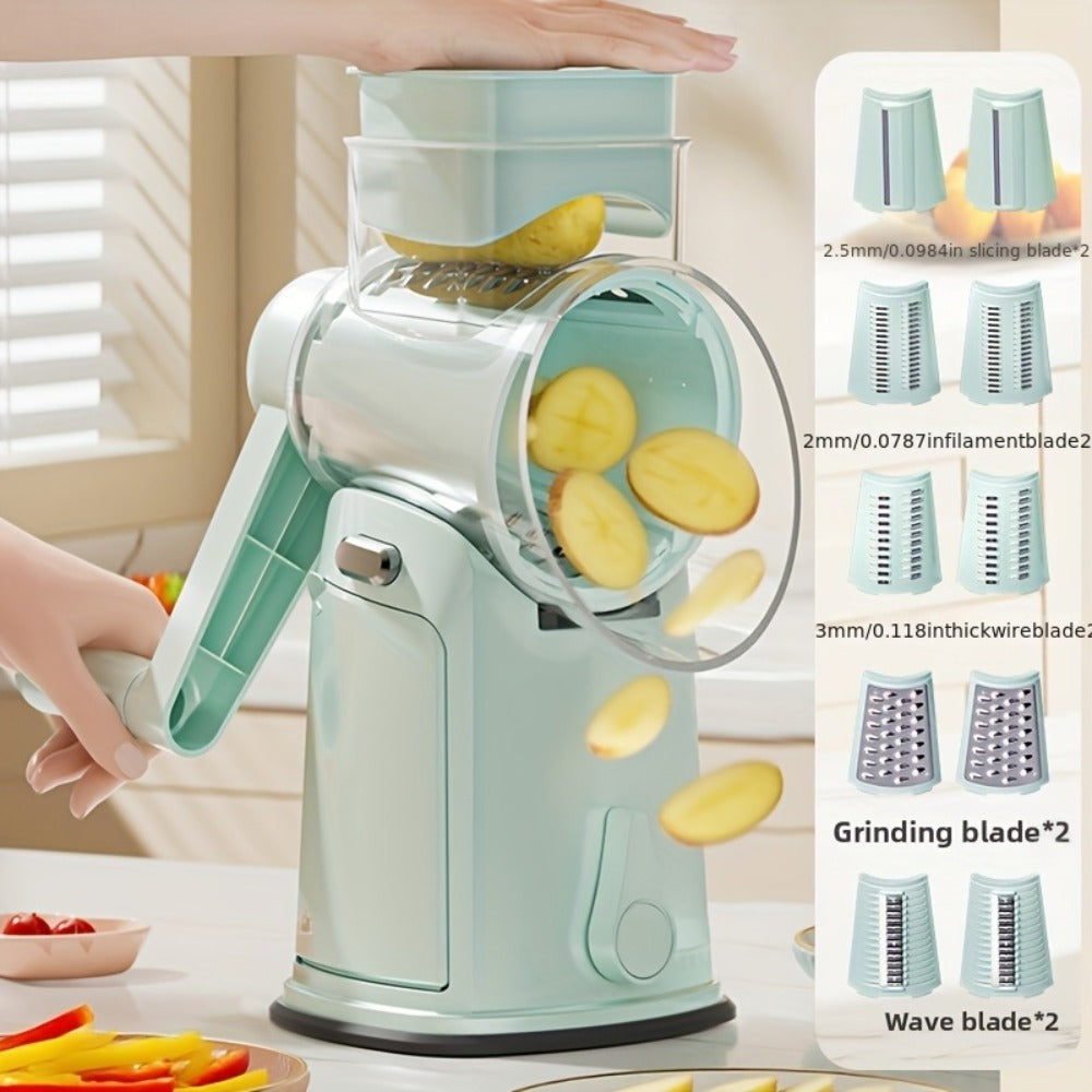 Rotary Cheese Grater with Handle 10 Interchangeable Blades Suction Cup Base Easy Clean Kitchen Slicer for Cheese Vegetables Fruits Nuts