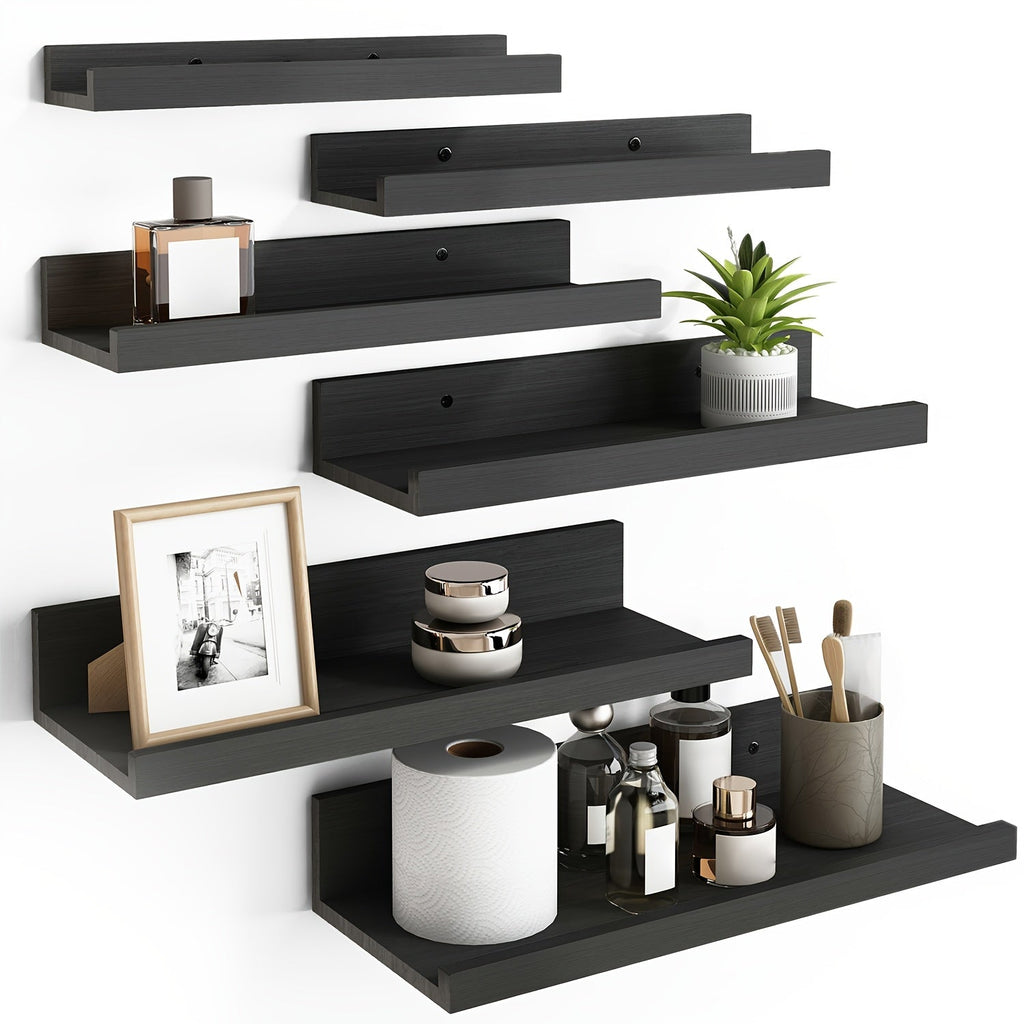 Floating Shelves 6pcs Set Wall Mounted Shelves 6 Different Sizes | Heavy Duty Shelf for Home Decor Bathroom Bedroom Living Room Space Saving Storage White Brown Black