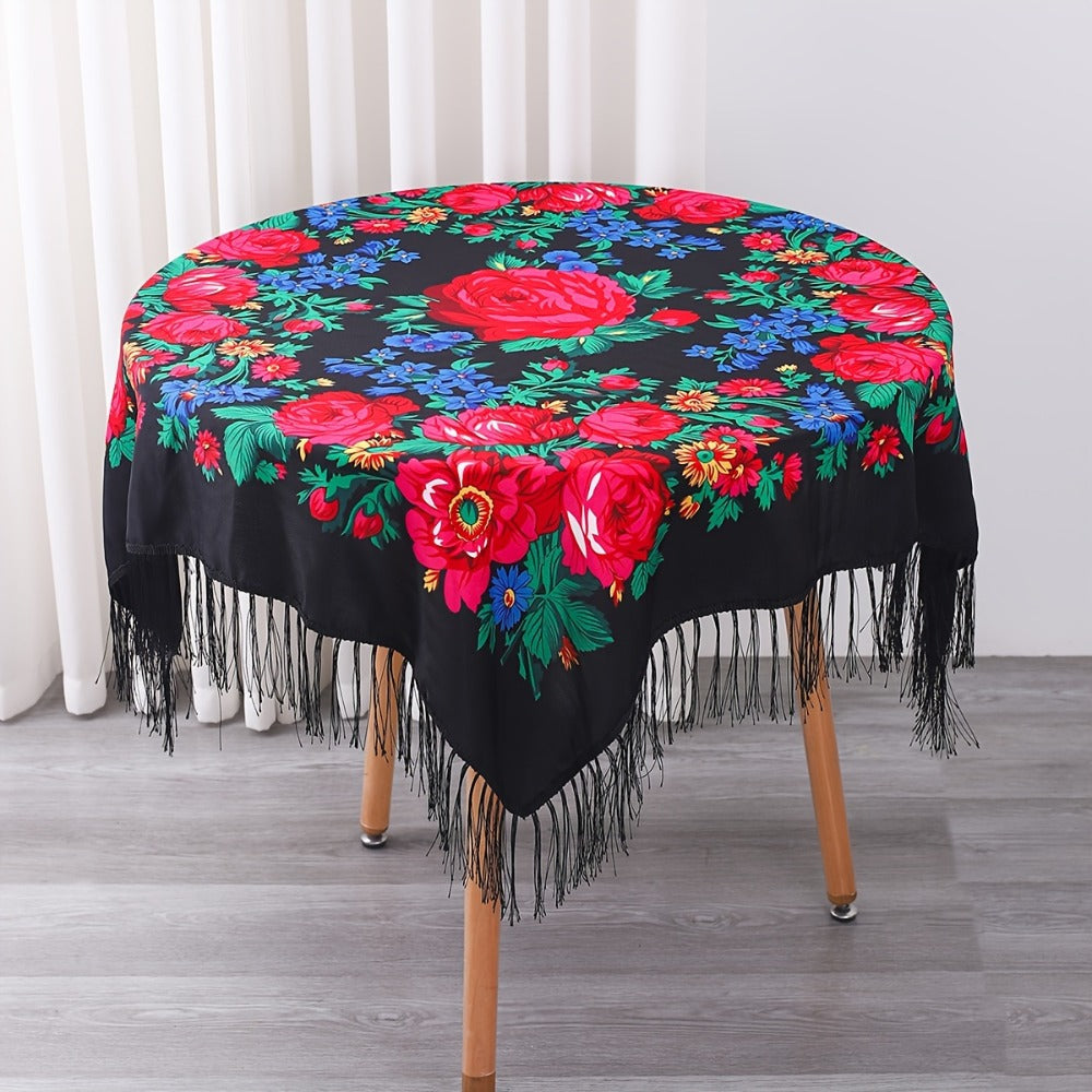 Floral Square Tablecloth with Tassels - Multicolor Flowers, Machine-Washable Polyester, Kitchen & Dining Room Table Cover with Tassel Trim