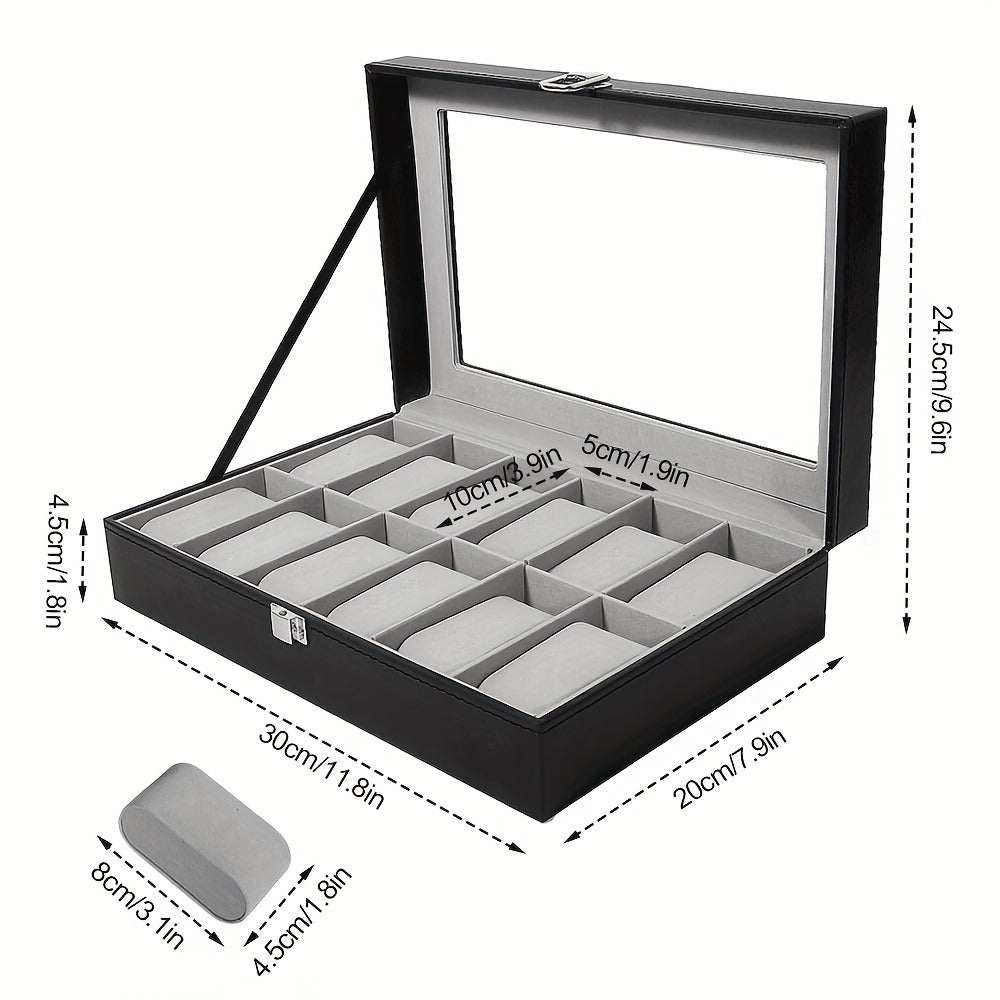 Watch Box Organizer 12 Slot PU Leather, Watch Display Case with Glass Lid Removable Pillow Metal Clasp, Jewelry Box Gift for Him Her Valentine's Day Birthday Christmas