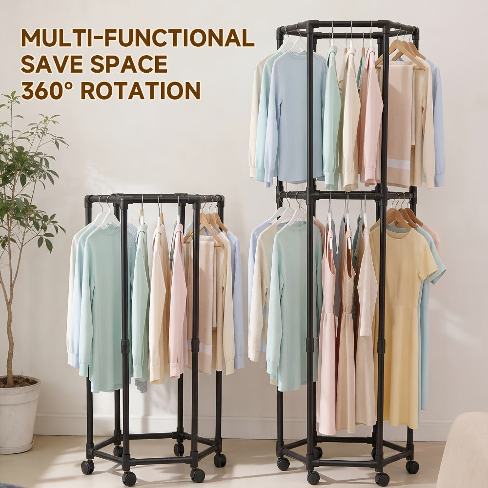 Rolling Hexagon Clothes Drying Rack 1 or 2 Layer ¨C Sturdy Metal Floor Stand with Wheels, Multi-Bar & 10 Clips, Portable Laundry Rack for Bedroom, Balcony & Dorm