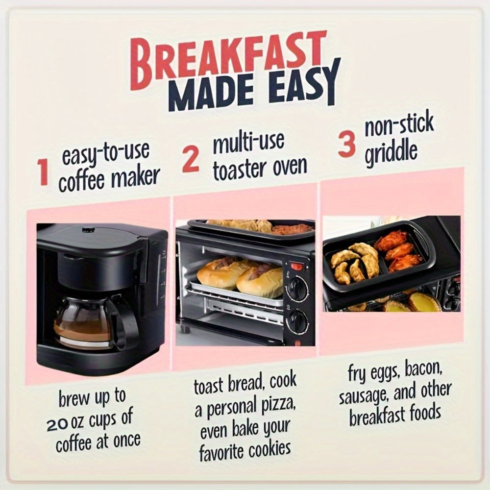 3-in-1 Breakfast Station Maker - Coffee Maker + Toaster + Frying Pan Combo, One-Touch Timing Fast Cooking, All-in-One Breakfast Machine 110V US Plug for Home Kitchen Apartment Dorm