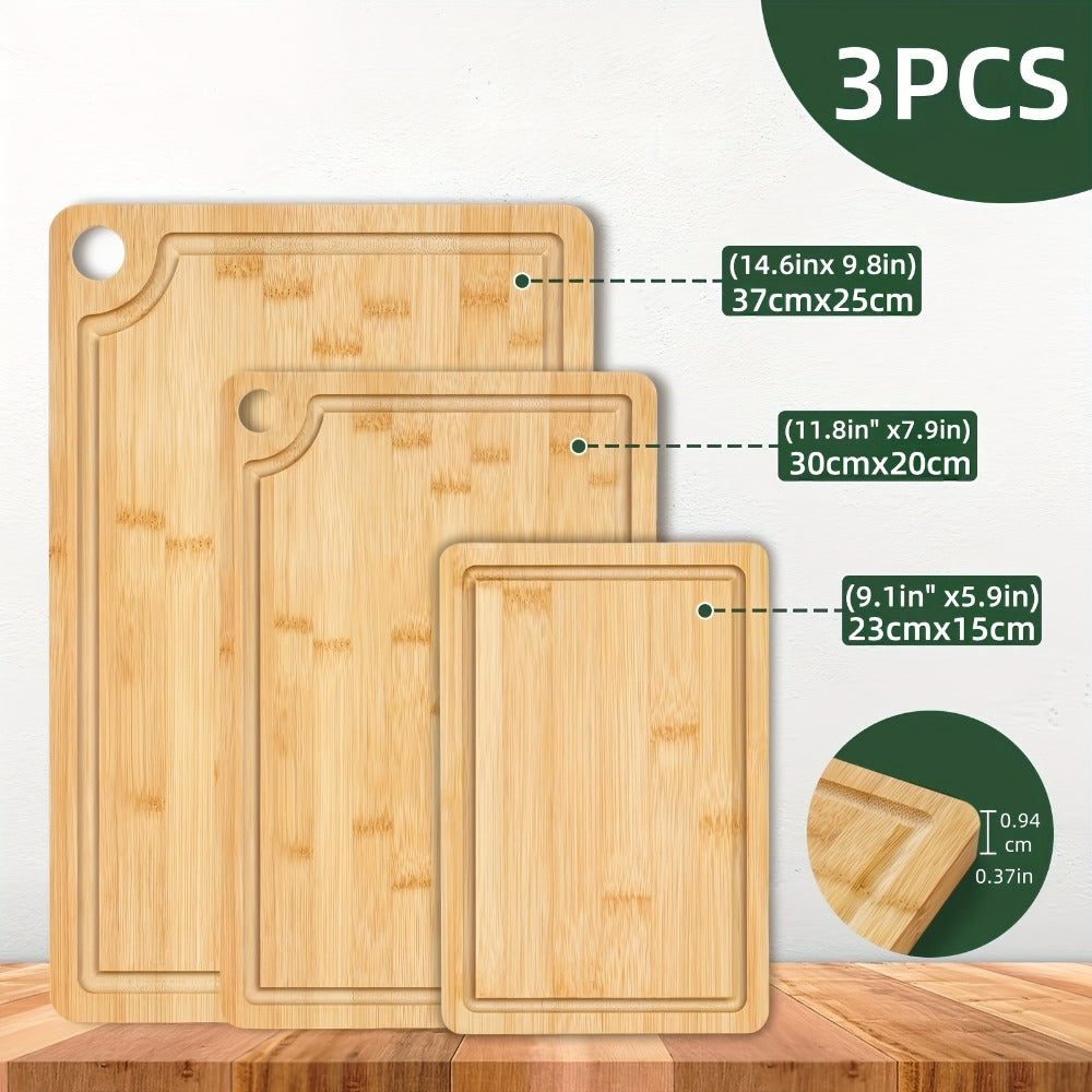 Wood Cutting Board Set of 3 Natural Wooden Chopping Boards with Juice Groove & Non-Slip Edges ¨C Reversible Design for Meat BBQ Home Kitchen Restaurant Holiday Gift