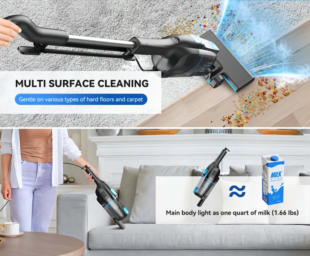 Cordless Stick Vacuum 30KPa 600W Motor 68oz Bagless Upright Lightweight Vacuum Cleaner for House Car Hard Floor Carpet Pet Hair Multi-Color