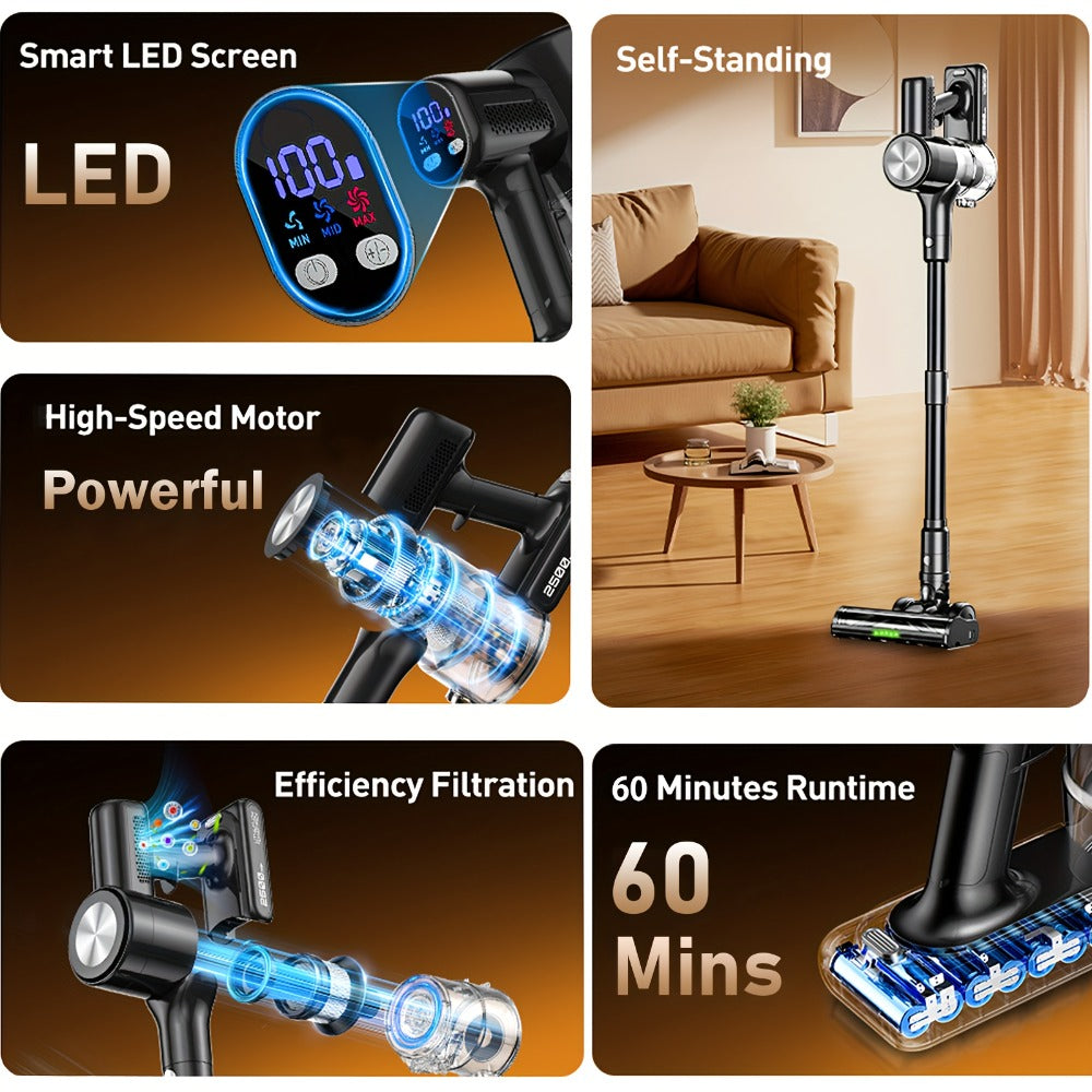 Cordless Stick Vacuum Cleaner 45KPA 8-in-1 Lightweight with Anti-Tangle Brush Green Light Detection for Carpet Pet Hair Hardwood Tile Floor