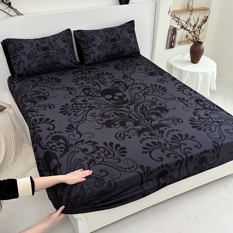 Gothic Skull Fitted Sheet Set 3-Piece ¨C Victorian Baroque Halloween Bedding | 1 Deep Pocket Fitted Sheet + 2 Pillowcases | Machine Washable Hypoallergenic Polyester | Twin Full Queen King