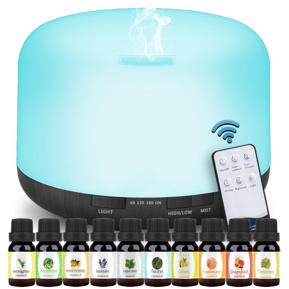 Essential Oil Diffuser 500ml with 10 Essential Oils 7 Color LED Aromatherapy Diffuser Humidifier Remote Control 4 Timer Settings Auto Shut-Off Ultra-Quiet for Home Office Bedroom Living Room Spa