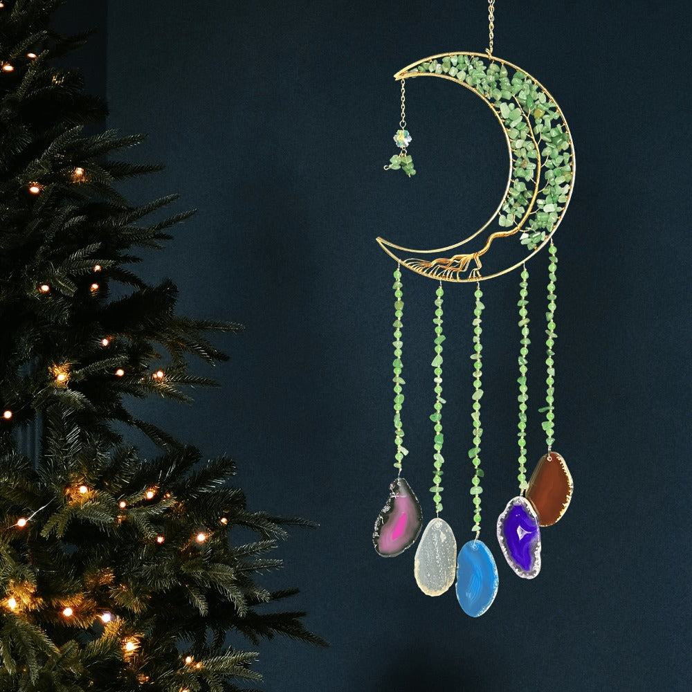 Moon Agate Tree Hanging Ornament Handmade Boho Suncatcher Wall Decor - Crystal Window Sun Catcher Gift for Mom Friends Women Birthday Christmas Holiday Home Decoration