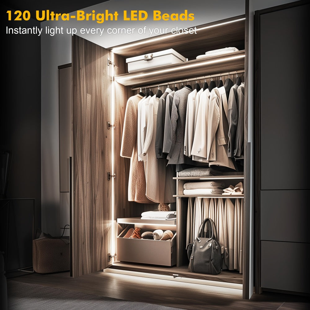 Motion Sensor LED Stair Light Strip 16.4Ft Battery Powered | Rechargeable 2200mAh Auto Motion Activated Indoor Lighting for Staircase, Closet, Pantry, Kitchen & Hallway, Flexible Adhesive LED Strip