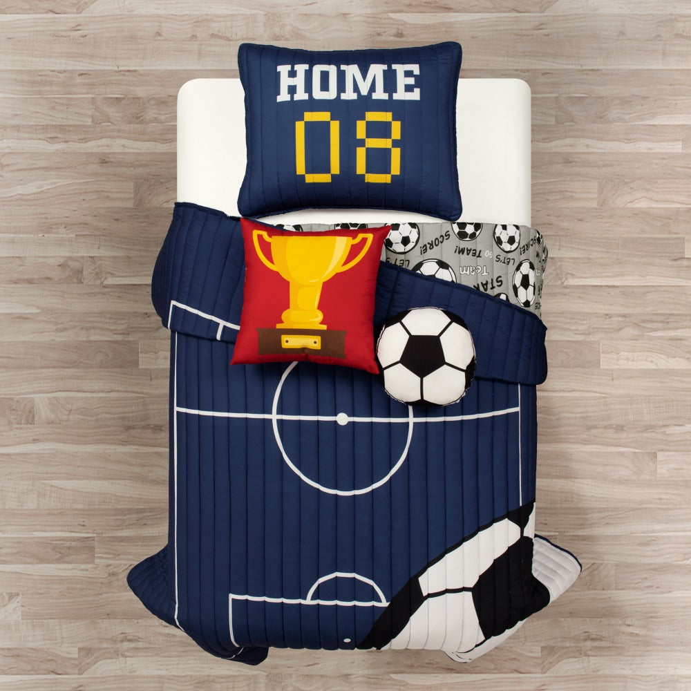 Kids Soccer Quilt Set 4 5 Piece Reversible Microfiber Bedspread Lightweight All Season Comforter with Pillow Shams Decorative Pillows Twin Full Queen