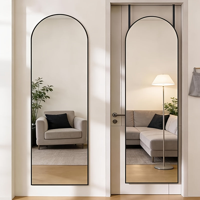 Full Length Mirror 47x14 ¨C Over the Door or Wall Mounted Hanging Mirror, Aluminum Alloy Frame, Full Body Dressing Mirror for Bedroom, Living Room & Entryway, Arched & Rectangular, Black & Gold