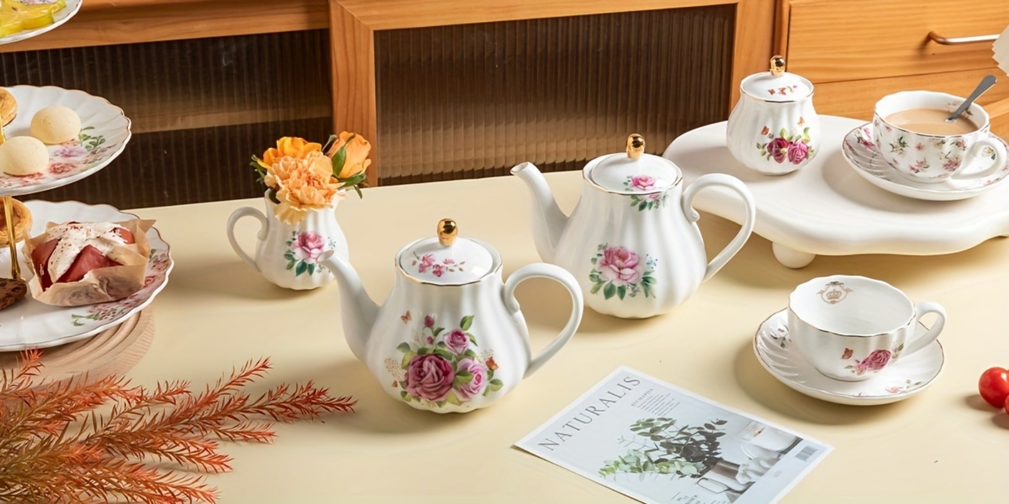 Porcelain Tea Set Service for 6 British Royal Floral Design with Teapot Sugar Bowl Cream Pitcher Teaspoons Tea Strainer 8oz Cups Saucers for High Tea Wedding Party Gift
