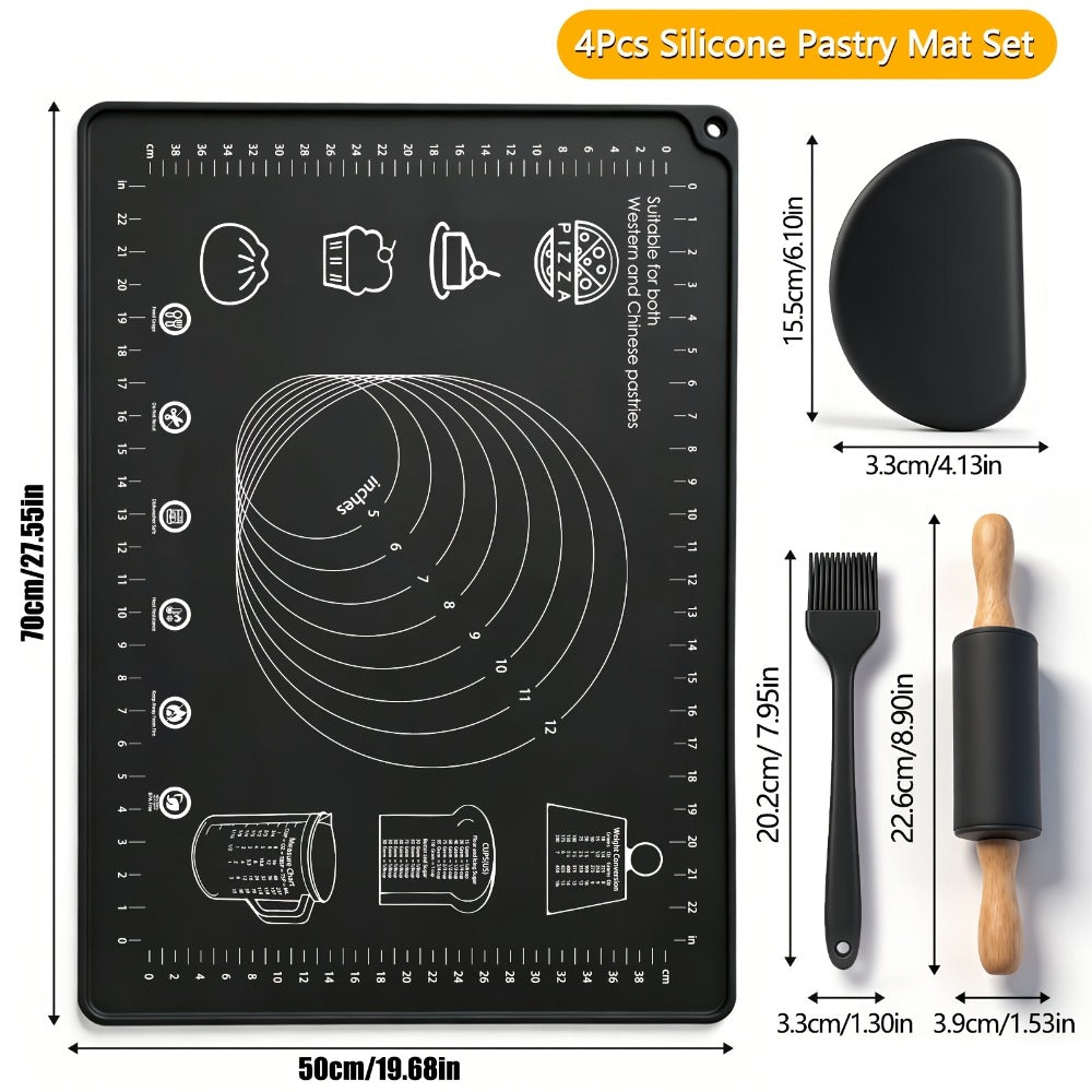 Silicone Baking Mat Set 4pcs, Extra Thick Non-Stick Pastry Mat with Measurement Scales, Non-Slip Dough Kneading Mat, Includes Rolling Pin, Dough Scraper and Storage Bag, Reusable Kitchen Baking Tools