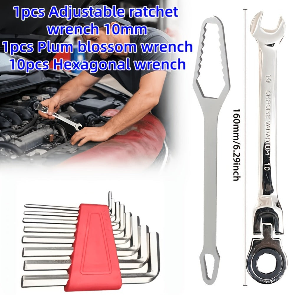 Wrench Set 10-Piece Multi-Function ¨C 8 Hex Wrenches, Flare Wrench & 10mm Ratchet Wrench, Chrome Vanadium Steel, 180¡ã Rotating Double-Ended 72-Tooth Precision Gear Design