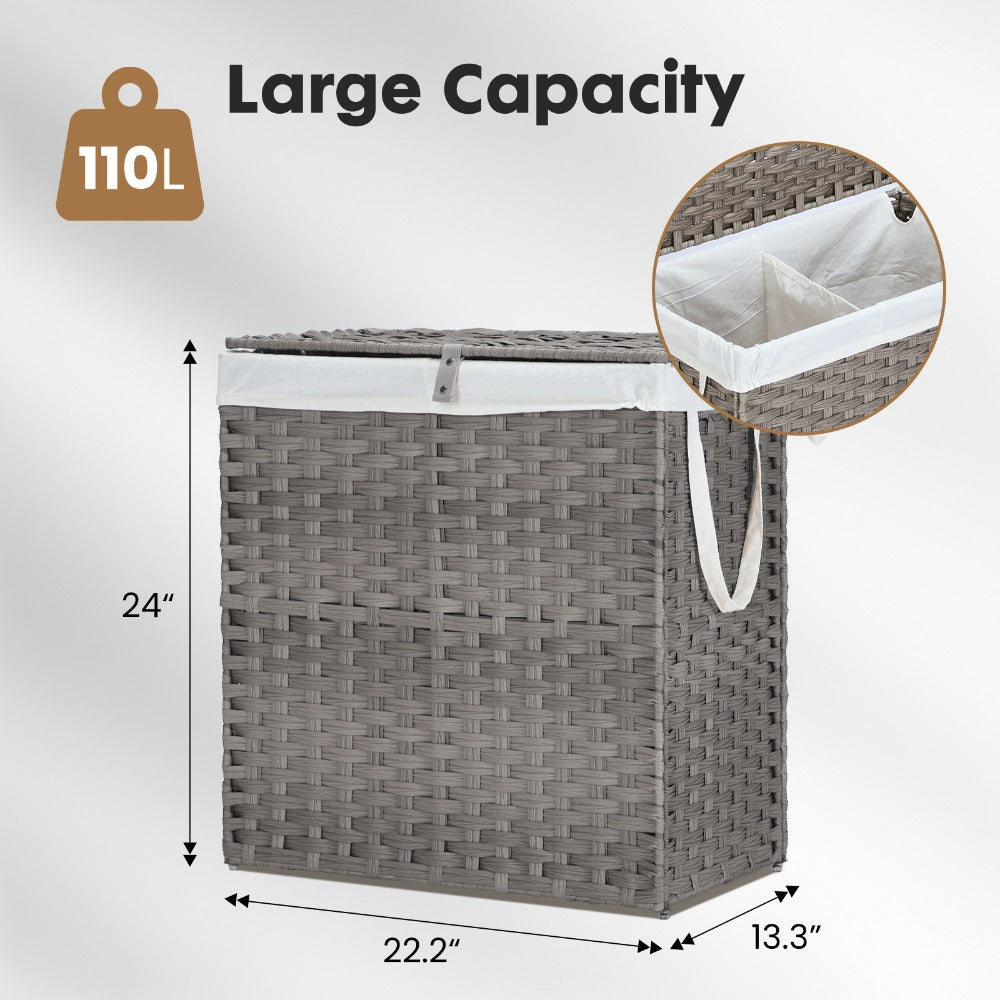 Laundry Hamper with Lid Large Capacity Woven Rattan Storage Basket, Collapsible Clothes Hamper with Handles & Removable Liner, Foldable Breathable Wicker Basket for Bedroom Home Dorm, 2 Sizes