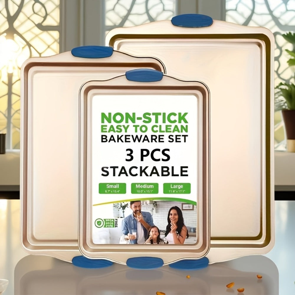 Nonstick Baking Sheet Set with Silicone Handles, Carbon Steel Cookie Sheet Pan Set in Assorted Sizes, Stackable Bakeware for Baking Roasting, Heavy Duty Oven Pans with Orange Handles, 2-Piece or 6-Piece
