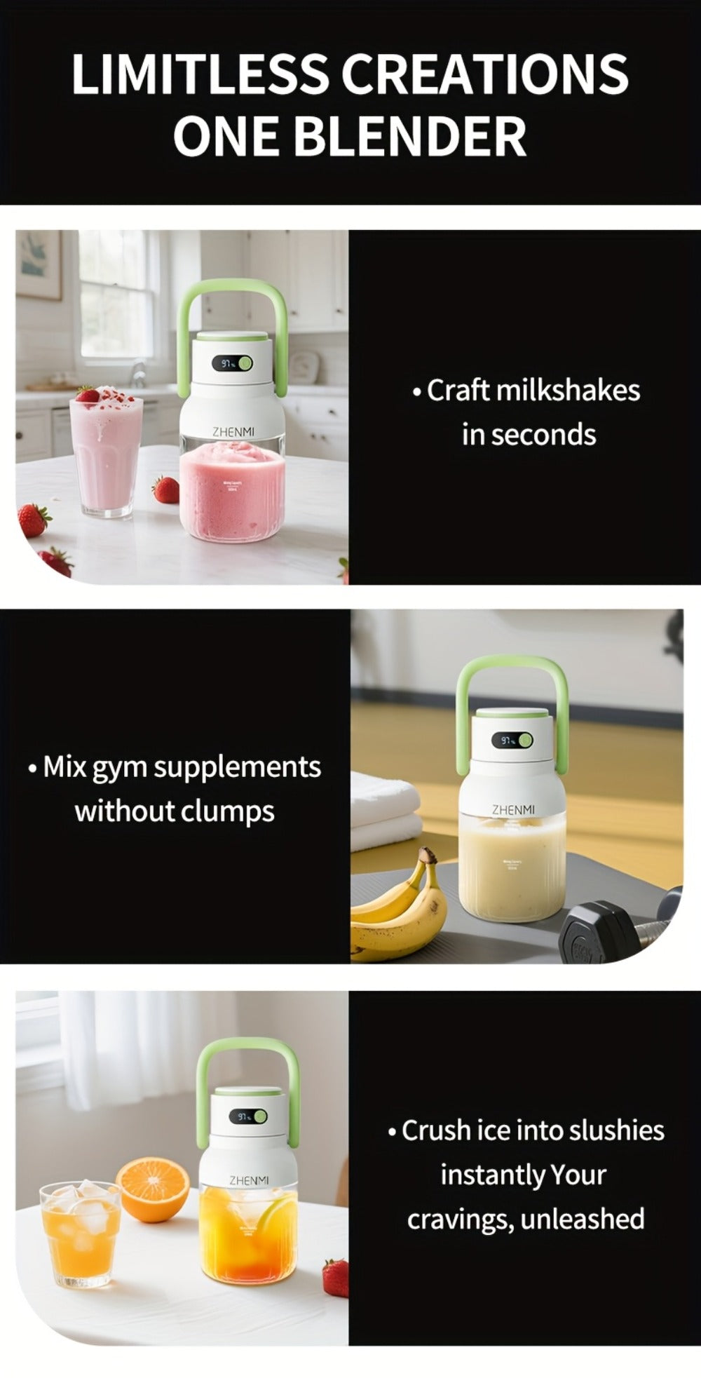 Cordless Portable Blender 33oz USB Rechargeable - Ice Crushing Blender for Smoothies & Shakes, Wireless Personal Blender for Travel Gym Office, BPA-Free, Green Purple Pink