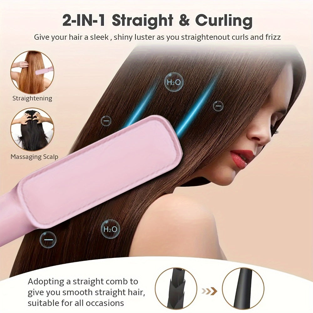 Mini Hair Straightener Comb Ceramic Heating Plate 3 Temperature Settings Fast Heating LED Display Travel Hair Straightening Brush for Women Home Salon Gift