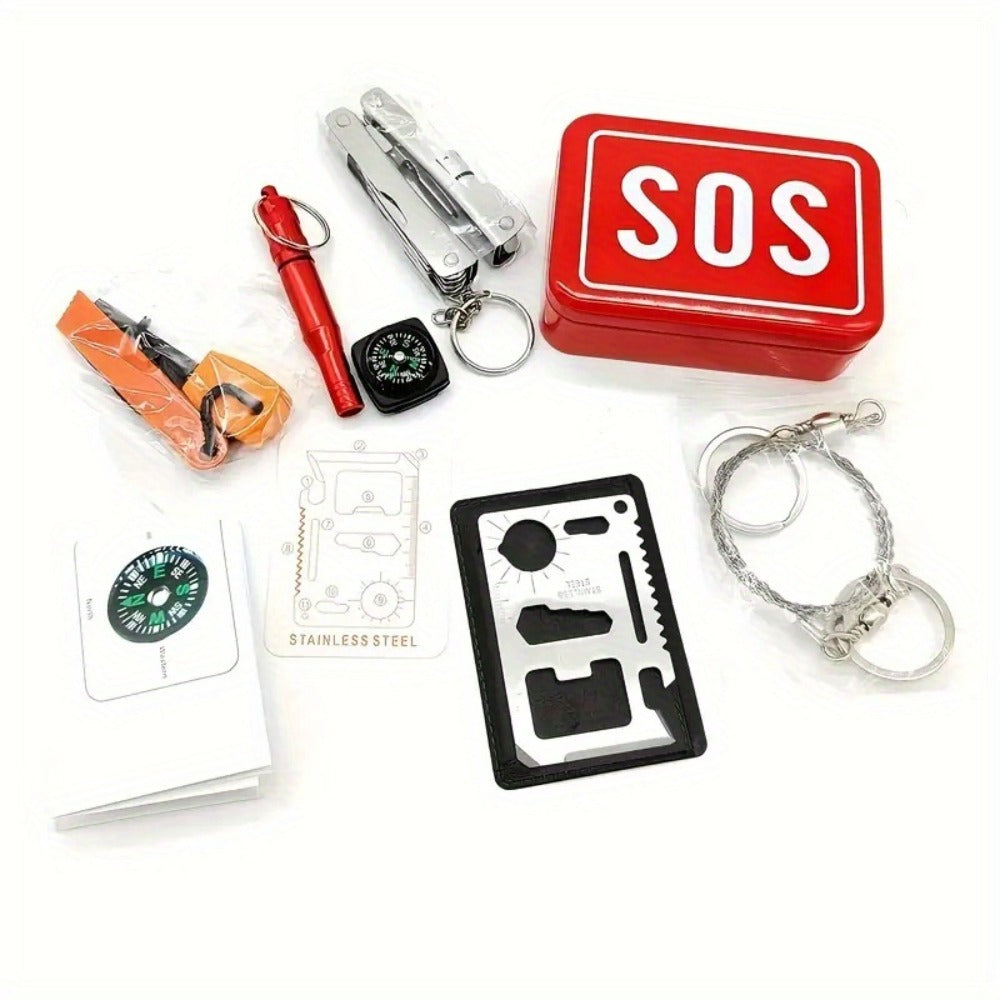 Outdoor Survival Gear Kit 6pcs SOS Emergency Set with Multi-Tool Whistle Compass Fire Starter Paracord Compact Wilderness Survival Tool Kit for Camping Hiking Backpacking Hunting Adventure Red
