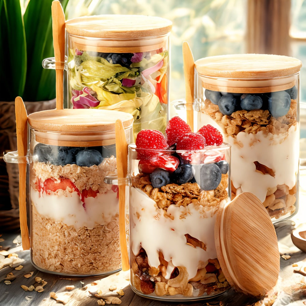 Overnight Oats Glass Jar with Lid and Spoon - 16oz Meal Prep Breakfast Container for Oatmeal Yogurt and Smoothies, Large Capacity Clear Glass Jar Set for Kitchen Meal Prep and Food Storage, Available in 4 or 8 Piece Sets
