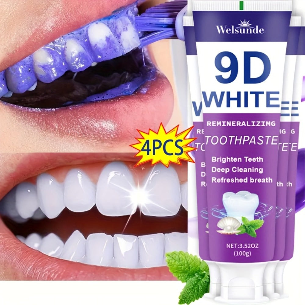 Whitening Toothpaste 4-Pack ¨C 9D White Alcohol-Free Formula, Thorough Deep Cleaning & Brighter Smile, Refreshing Mint Breath, Gentle on Gums, Travel-Friendly 100g, Oral Care Gift for Men & Women