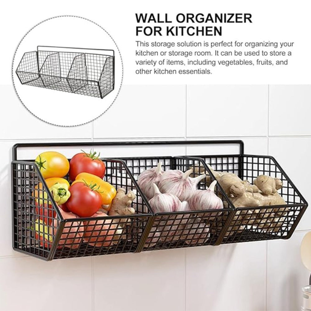 Wall Mounted Kitchen Storage Basket ¨C Metal Wire Rack Organizer, 2 or 3 Grid Tier, Space Saving Vertical Pantry Shelf for Spices, Snacks & Beverages, Home Kitchen & Retail Store Display