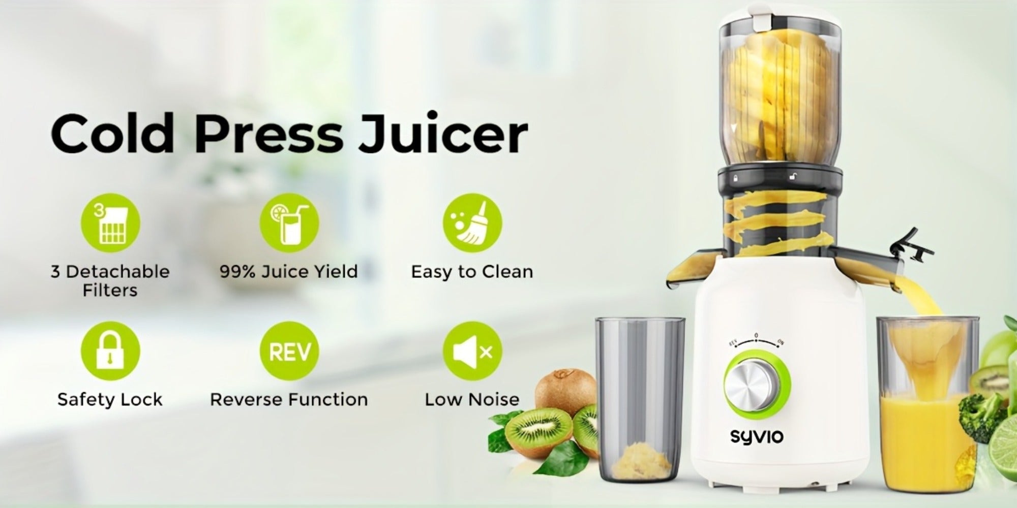 Centrifugal Juicer with 4.3-Inch Wide Feed Chute - 3-Speed Electric Juicer Machine for Whole Fruits & Vegetables, High Juice Yield, 3 Interchangeable Strainers, Easy to Clean, BPA-Free