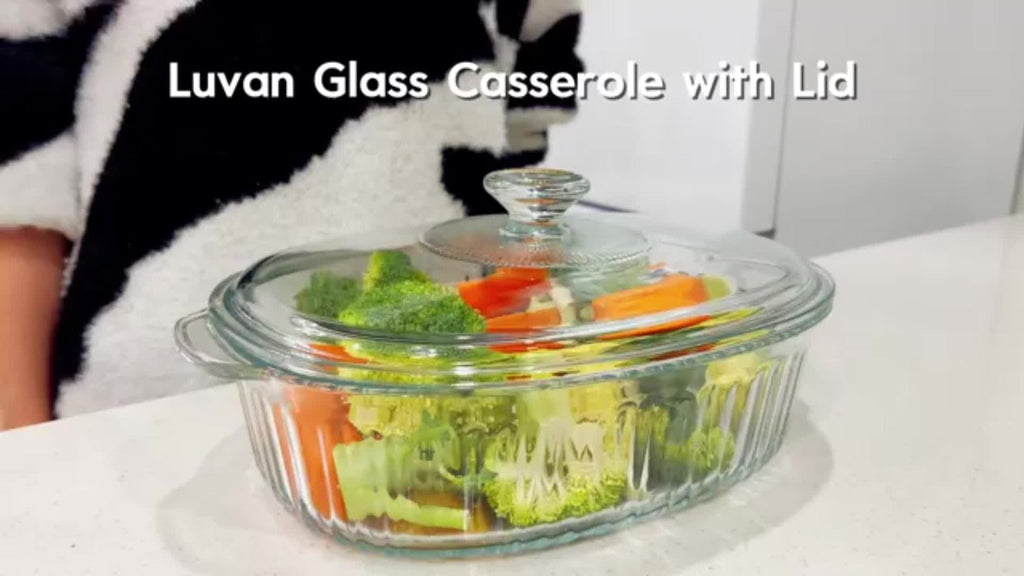 Glass Casserole Dish with Lid, Oval Ribbed Roasting Pan, Oven & Microwave Safe Covered Baking Dish, Transparent Deep Glass Cookware for Chicken Pasta Desserts, 50oz & 85oz Options
