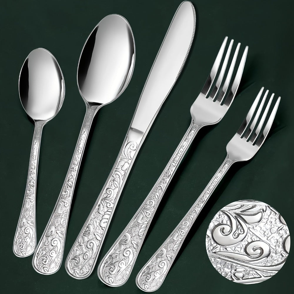 Flatware Set Stainless Steel Vintage Carved Cutlery Set Knife Fork Spoon Dishwasher Safe for Family Gatherings Holiday Parties Kitchen Decor