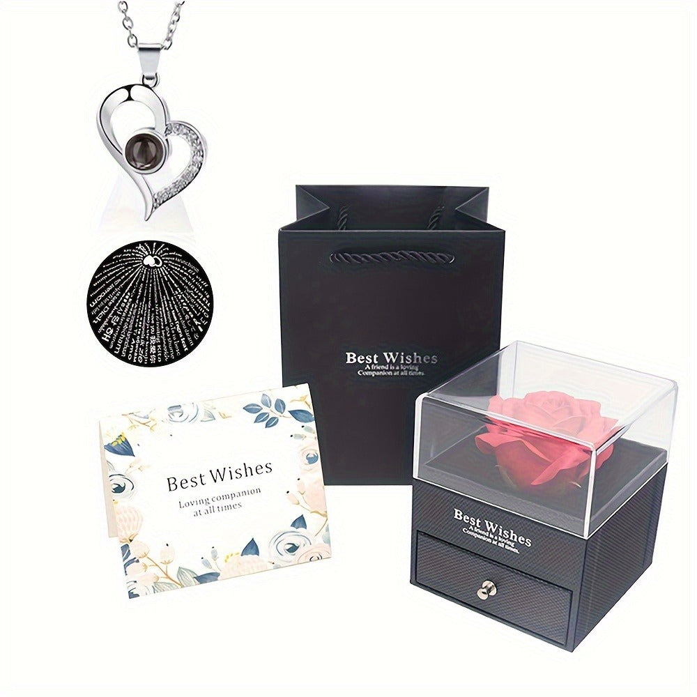 Preserved Real Rose Gift Box with I Love You in 100 Languages Necklace ¨C Romantic Gifts for Girlfriend Wife Mom ¨C Valentine's Day Birthday Mother's Day Christmas Gift Idea for Women