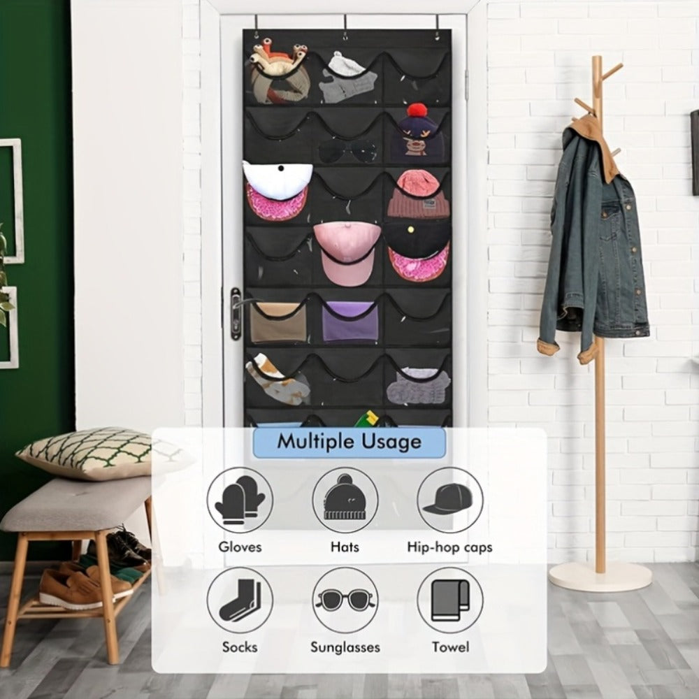 Over the Door Hat Organizer 24 Pocket - Baseball Cap Rack with Large Clear Pockets and 3 Hooks for Hat Storage Protection and Display in Closet