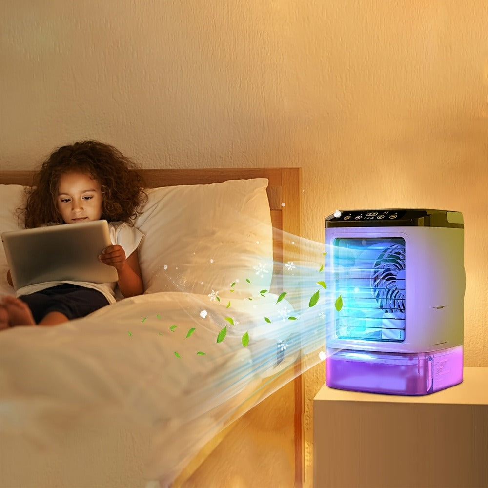 Portable Air Cooler Fan USB Humidifier with Rainbow Ambient Light, 3-Speed Atomization Misting Fan with Large Ice Box and Low Noise, Personal Desktop Cooling Fan Gift for Home, Office and Bedroom