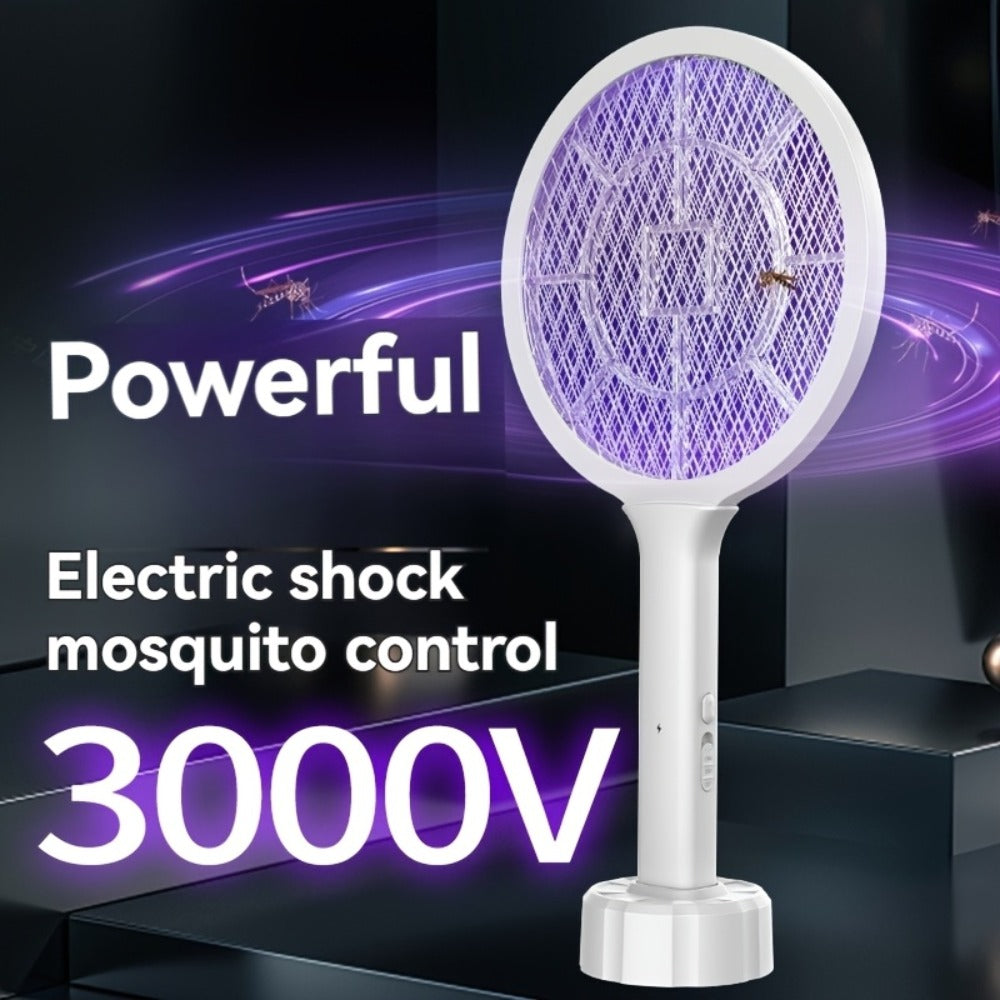Electric Mosquito Swatter Racket Bug Zapper with LED Night Light & USB Charging, Handheld Insect Killer with Base Stand, Dual Mode Mosquito Lure Lamp for Home, Office & Outdoor Use