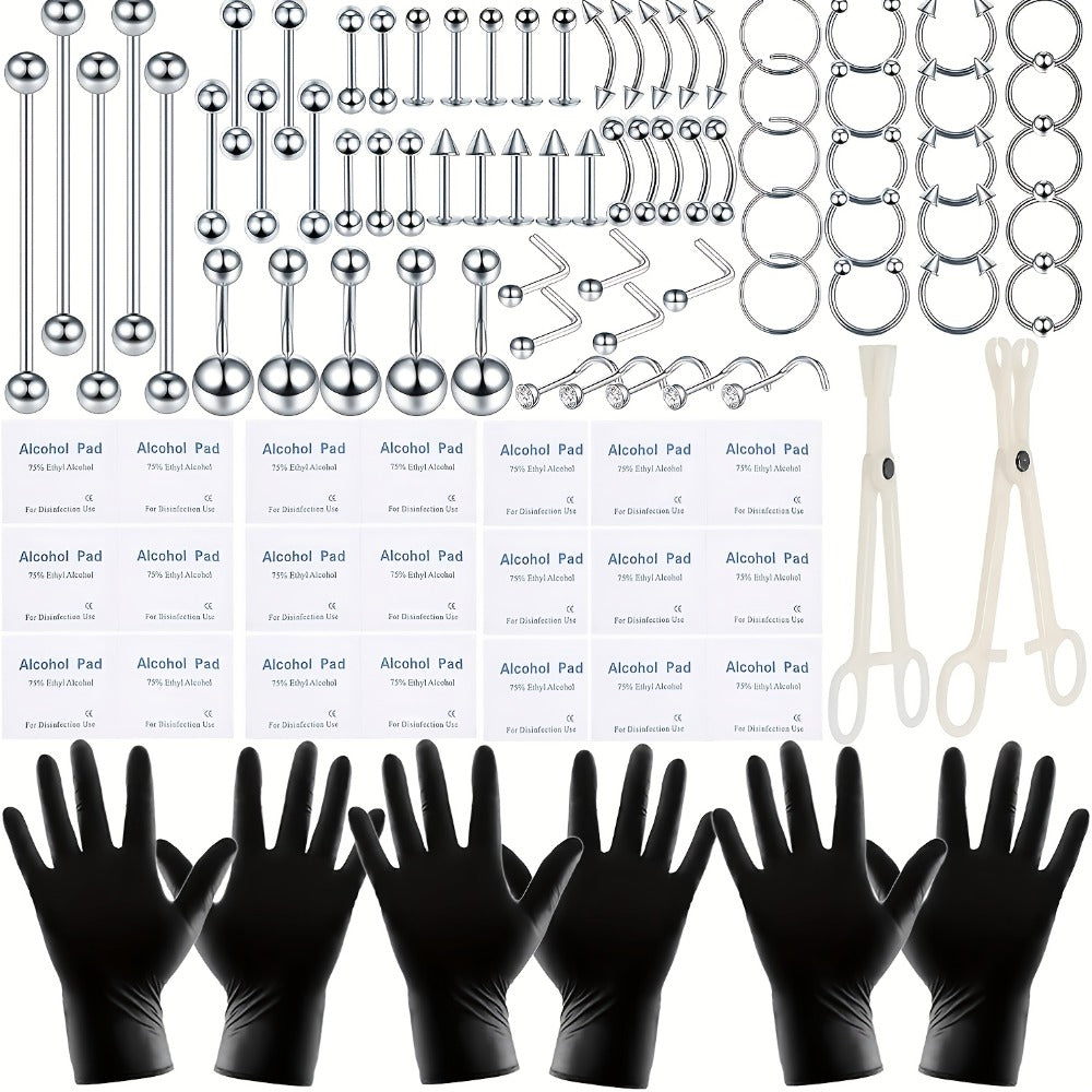 Professional Piercing Kit 120pcs ¨C Complete Body Piercing Set with Stainless Steel Needles, Clamps, Gloves & Jewelry for Ear, Nose, Septum, Belly Button, Lip & Tongue