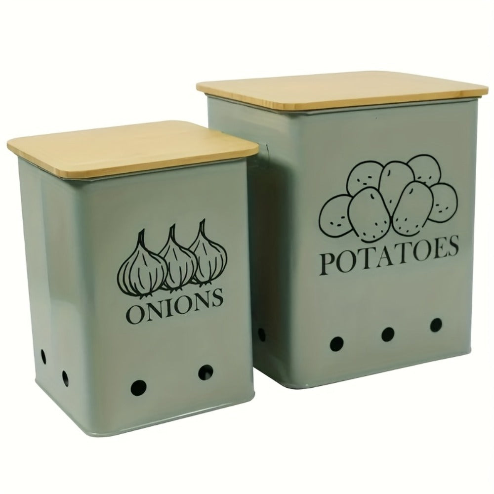 Kitchen Storage Canister Potato Onion Storage Bin Aerating Ventilation Holes Wooden Lid Multipurpose Kitchen Organizer for Onion Potato Fruit Vegetable Black White Grey Green