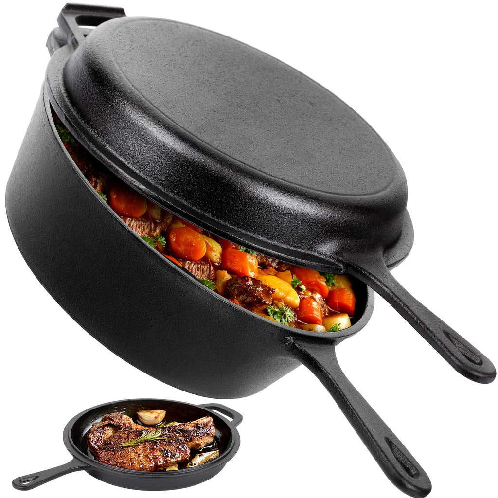 Cast Iron Dutch Oven & Frying Pan Set ¨C Pre-Seasoned 2-in-1 Cookware, Deep Pan + Skillet for Stovetop, Induction, Oven, BBQ & Outdoor Cooking, Multi-Purpose Pots and Pans Set
