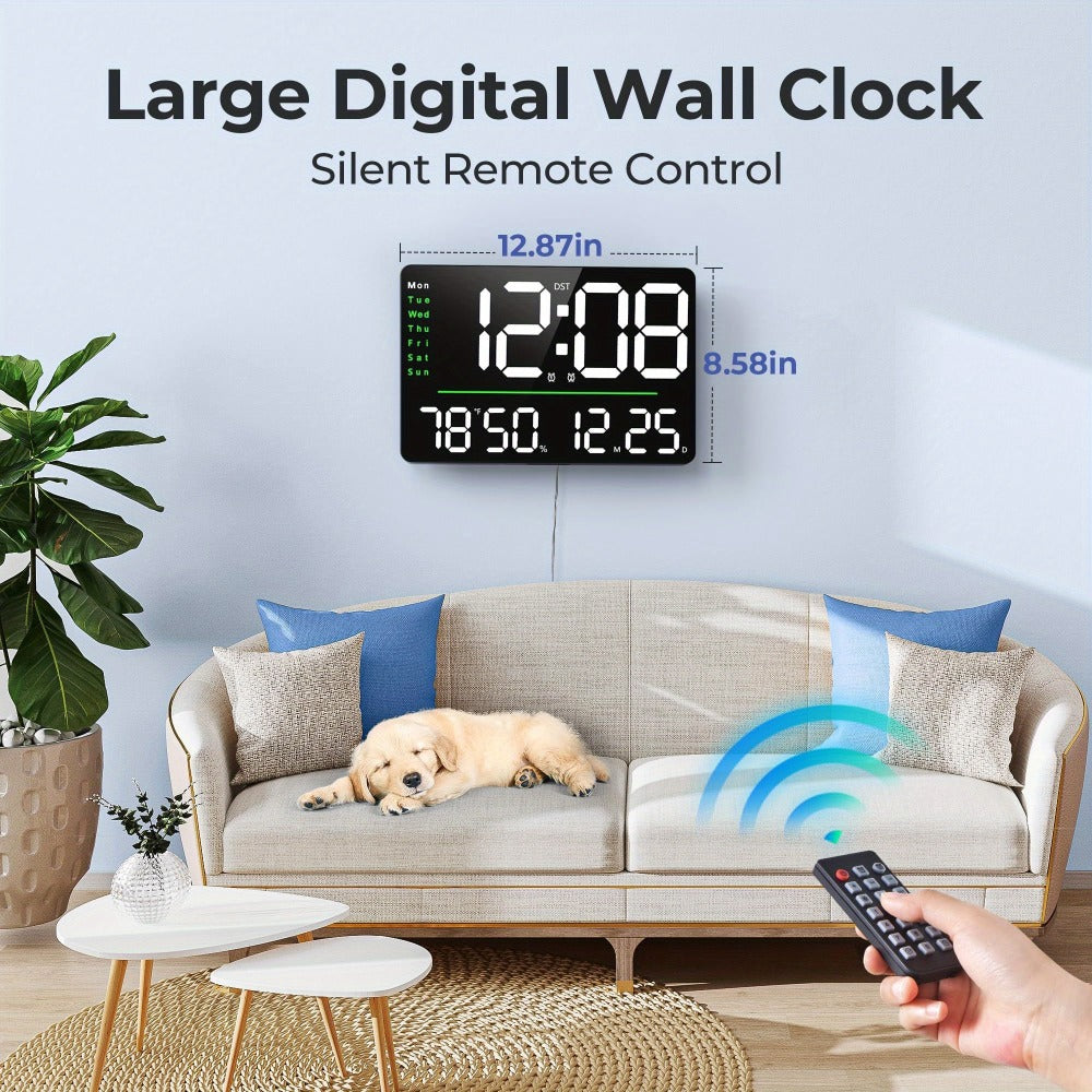 Digital Wall Clock 16 Inch LED with Remote Control ¨C Large Display Shows Time, Date, Day of Week & Indoor Temperature, Modern Decor for Bedroom, Living Room, Office, Gym & Garage (White)