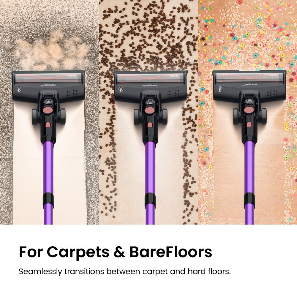 Cordless Vacuum Cleaner 46KPA Powerful Suction Lightweight Detachable Battery Anti-Tangle V-Shaped Brush 6-Stage Filtration 1.8L Dust Cup for Hard Floor Carpet Pet Hair Home