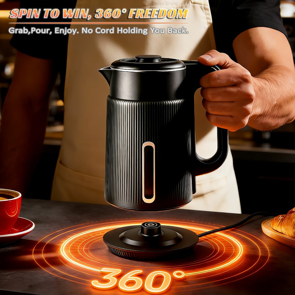 Electric Kettle 1000W Double Wall Stainless Steel ¨C 57.48oz 304 SS Hot Water Kettle with 360¡ã Rotary Base, LED Light, Auto Shut-Off & Boil-Dry Protection, Instant Water Warmer for Coffee & Tea ¨C Black