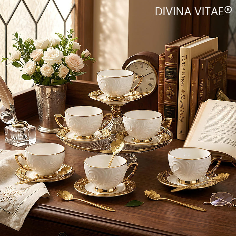 Espresso Cups Set 12 Pcs ¨C 7.44 Oz Small Ceramic Cappuccino Cup Set with 6 Cups, 6 Trays & 6 Spoons ¨C Elegant Coffee & Tea Cup Set with Handles ¨C Perfect Gift for Coffee Lovers