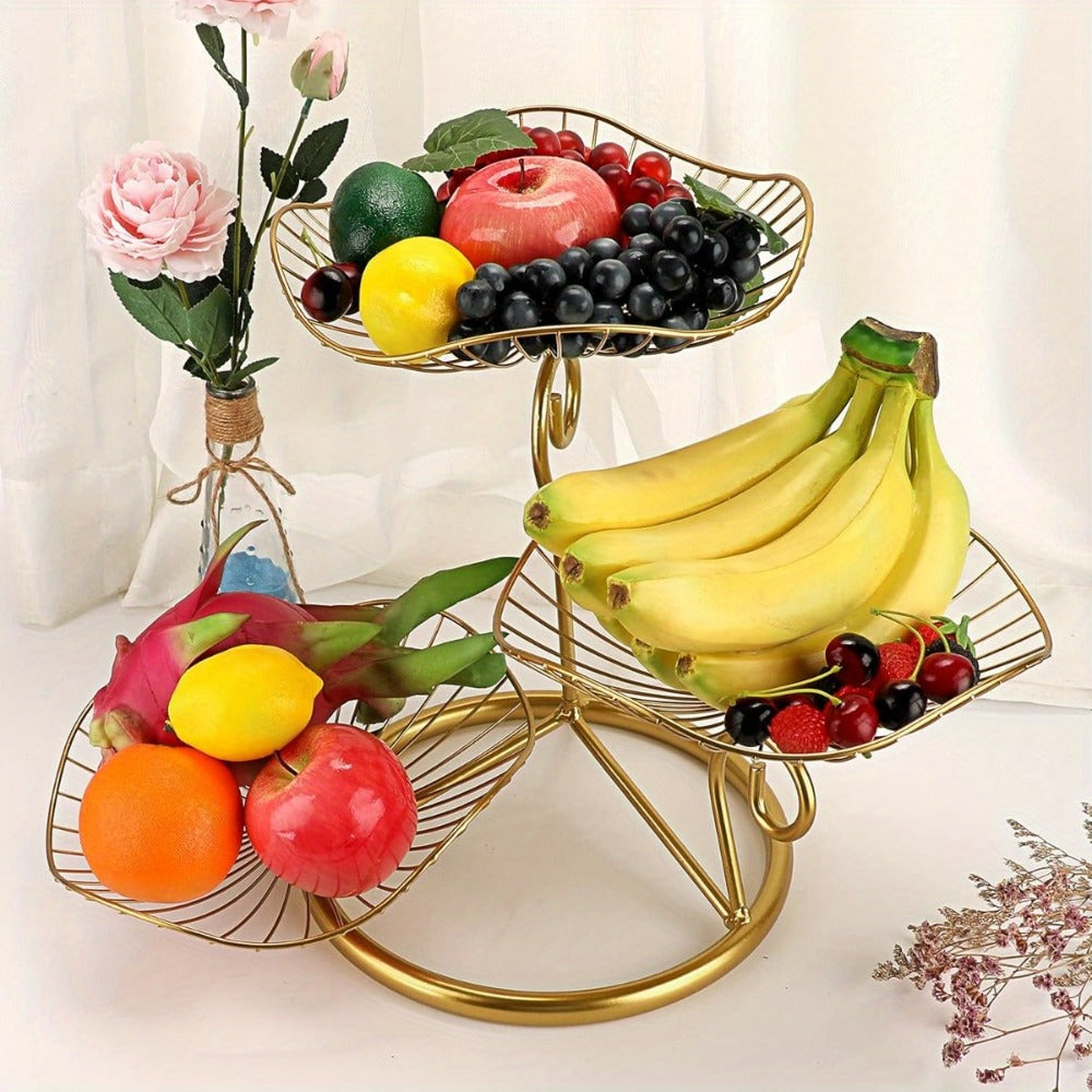 Fruit Basket Stand 3-Tier Decorative Iron Metal Wire Fruit Bowl with Lotus Leaf Design, Countertop Holder for Fruits Vegetables Bread Snacks, Modern Home Kitchen Table Centerpiece Organizer Gold