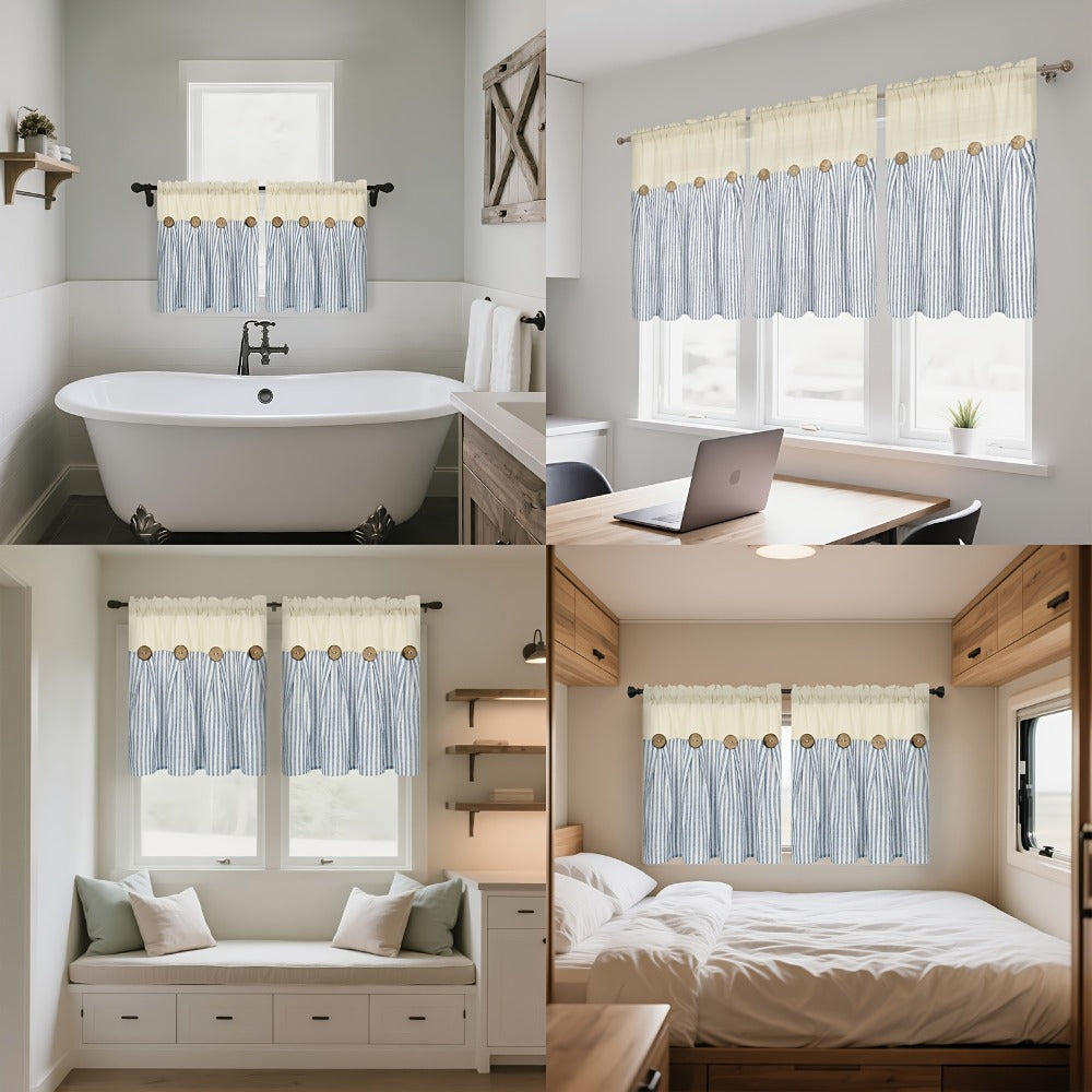 Semi Sheer Curtains Bohemian Linen Cotton Patchwork Grommet Top Window Drapes for Bedroom Living Room Kitchen Bathroom Cafe - Boho Country Cottage Style 4 Seasons 1 or 2 Panels