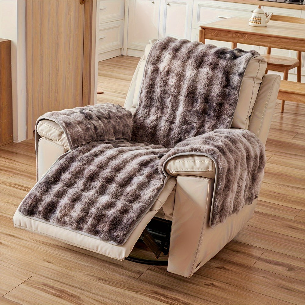Faux Rabbit Fur Recliner Cover Thick Warm Glam Style Non-Slip Pet Friendly Machine Washable Plush Armchair Slipcover for Living Room Office - Coffee Gray White
