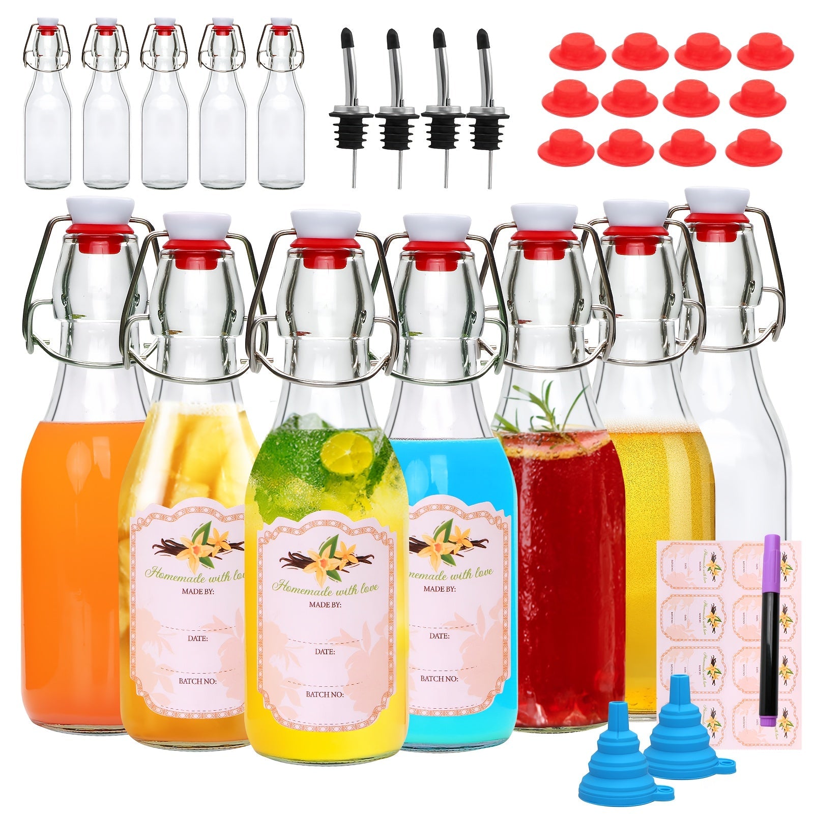 Glass Swing Top Bottles 8.45oz ¨C Round Iron Clasp Airtight Bottle Set with Funnel for Juice, Kombucha, Syrup & Oil Storage, Reusable Flip Cap Glass Bottles (6, 9, 12 or 18 Pack)