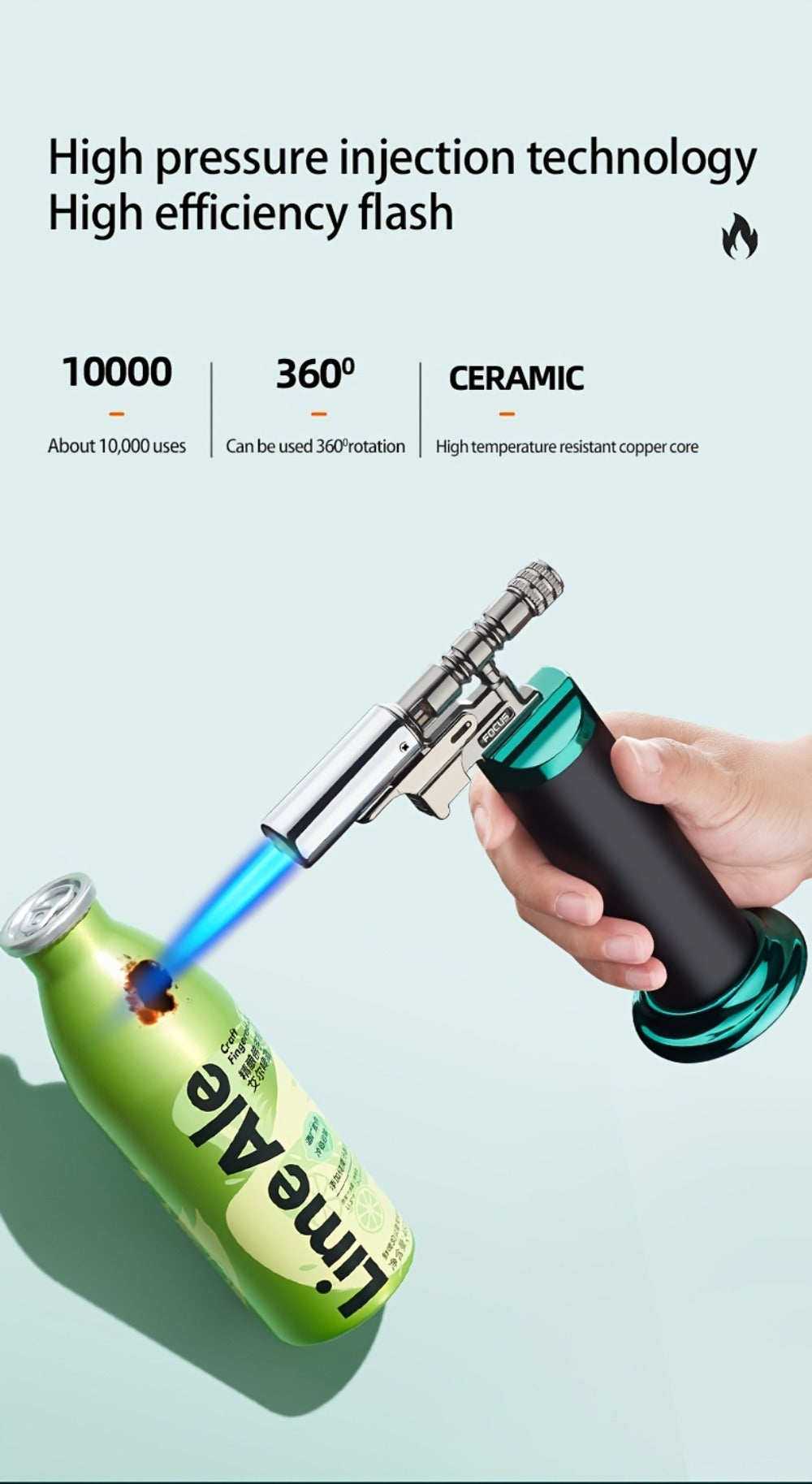 Refillable Torch Lighter Windproof, Adjustable Flame Culinary Kitchen Torch for Creme Brulee Searing BBQ Camping, Butane Refillable Direct Flame Torch Gun, Gas Not Included, Multiple Colors
