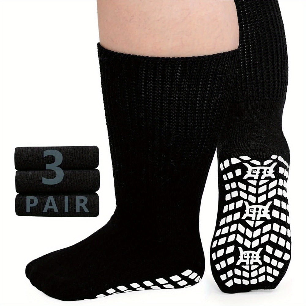 Anti-Slip Wide Socks for Swollen Feet 3 Pairs Grippy Sole Diabetic Non-Binding Breathable Edema Socks Reinforced Toe Heel Black White Grey Size 9-13 13-15