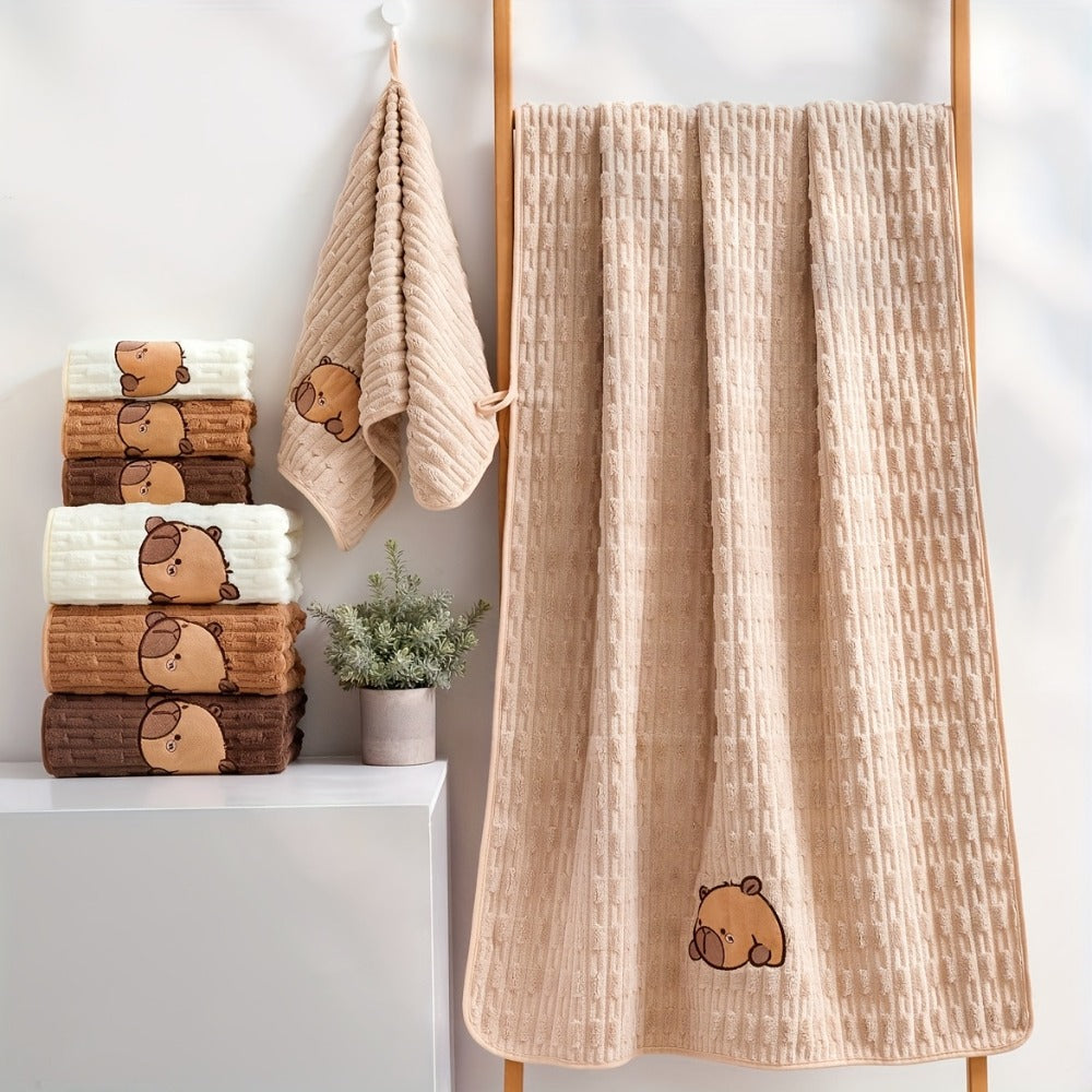Bath Towel Set 2 Piece Cute Capybara Coral Fleece Super Soft Ultra Absorbent Quick Dry Face Towel and Bath Sheet for Spa Gym Hotel Guest Bathroom