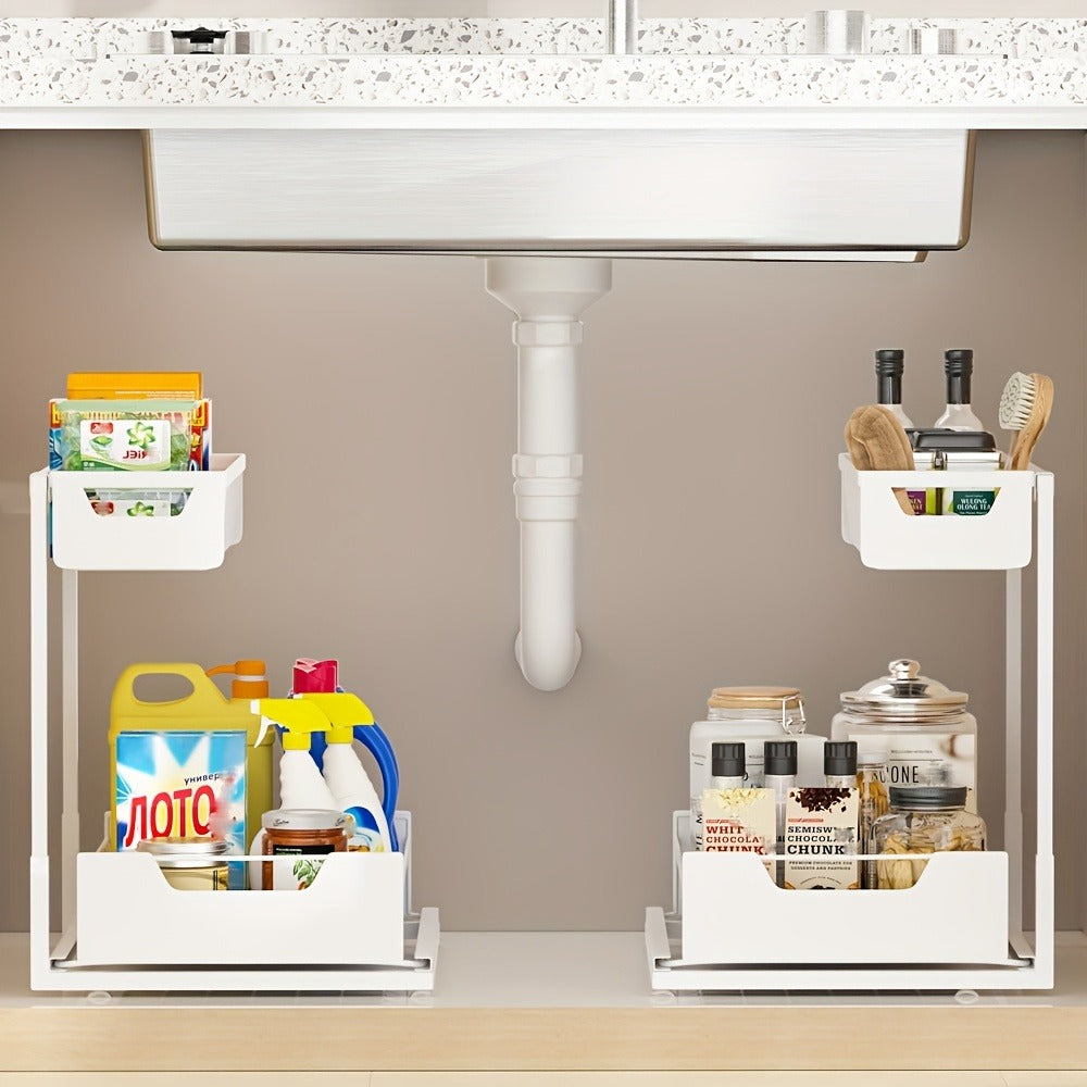 Under Sink Organizer 2-Tier Sliding Pull-Out Metal Rack Cabinet Storage for Kitchen Bathroom Refrigerator Adjustable Shelf Organizer in Black White Gray